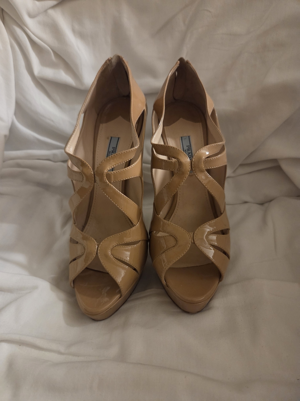 Prada Patent Tan Cutout Peep-Toe Platform Heels